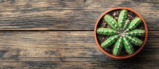 Poster - green cactus on a wooden background from above with copy space