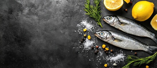 Poster - Herring salted fish seafood menu concept with serving size Food background from above with copy space for text suitable for organic healthy eating keto or paleo diets and pescetarian raw options