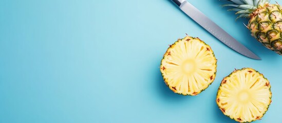 Fototapete - Pineapple sliced with a knife on a blue backdrop Vertical image Copy space for design Summer food concept