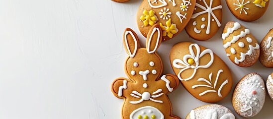 Aufkleber - Gingerbread cookies shaped like eggs and an Easter bunny Concept of a happy Easter holiday background White backdrop top view copyspace available Decorations for holiday celebrations