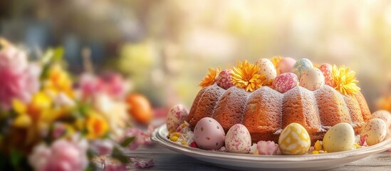 Aufkleber - Easter cake and eggs arranged on a lovely dish atop a table adorned with flowers Close up. with copy space image. Place for adding text or design