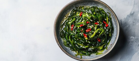 Poster - Japanese seaweed konjac stir fried with garlic and chili pepper. with copy space image. Place for adding text or design