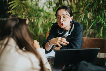 Poster - Two high school students engage in a collaborative study session at a cozy coffee bar, displaying focus and teamwork while working on assignments.