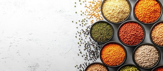 Poster - Composition of dry legumes A variety of colorful legumes in bowls Lentils Moth beans Mung Beans Masoor or red lentils Split Chickpeas Toor Dal Raw Split Mung Bean Lentils Yellow Split