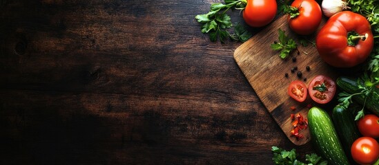 Aufkleber - A selection of raw organic vegetables arranged as a frame on a blank wooden chopping board Dark toned image. with copy space image. Place for adding text or design