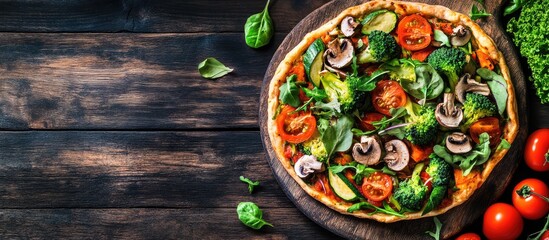 Poster - Vegetarian pinsa featuring vegetables on Roman pastry including broccoli zucchini tomatoes mushrooms and microgreens No cheese Copy space Set against a dark wooden background Rustic top view
