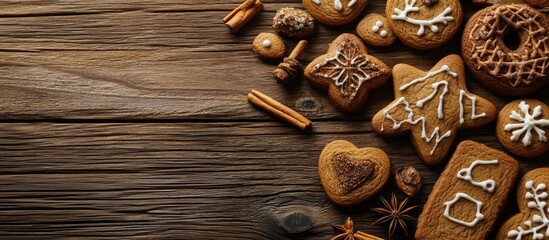 Fototapete - Variety of homemade Christmas cookies arranged on a wooden surface close up view with copy space for text New Year frame featuring delicious gingerbread cookies with spices Winter holiday theme