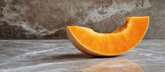 Poster - a piece of pumpkin on a marble table. with copy space image. Place for adding text or design