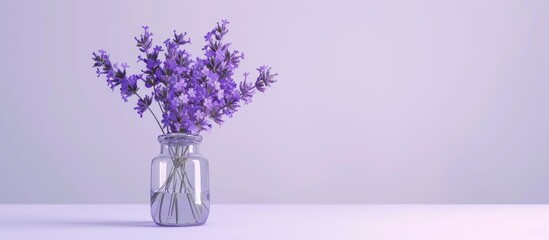 Poster - Lavender flowers in a glass bottle against a white background with copyspace for your text Stylishly toned image for your blog or presentation