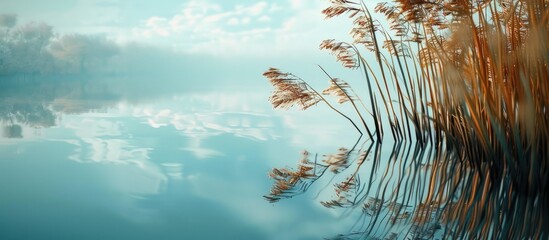 Fototapete - Reflection of reeds in the still water of a canal. with copy space image. Place for adding text or design