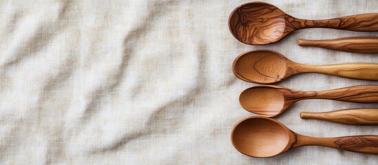 Poster - Background wooden spoons placed on the tablecloth Copy space top view