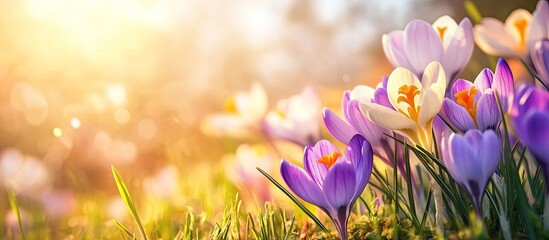 Aufkleber - Blooming crocuses in the meadow close up perspective Crocus blossoms in the grass Purple and yellow springtime flowers Lovely crocuses on a spring day. with copy space image