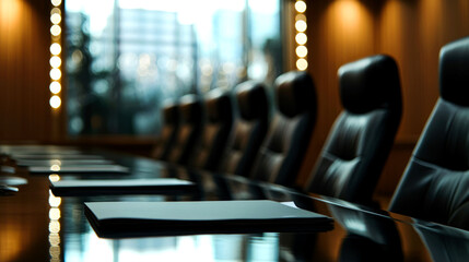 Canvas Print - Empty conference table with leather chairs and documents in a modern office.