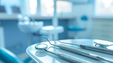 Poster - A close-up of a dentist��s tools and a patient's teeth during a check-up, with focus on the examination instruments and dental environment, set against a bright