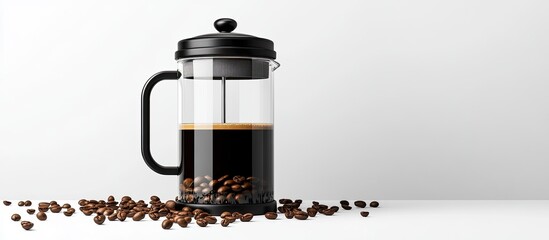 Leinwandbilder - Black empty French press coffee maker on a white background with copyspace and coffee beans