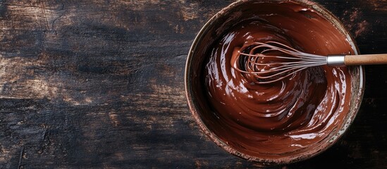 Aufkleber - Homemade delicious chocolate cream in a bowl with a whisk on a dark wooden surface Selective focus copyspace Super brain food idea