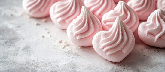 Leinwandbilder - Homemade heart shaped meringues on a light stone background Valentine s Day theme copy space