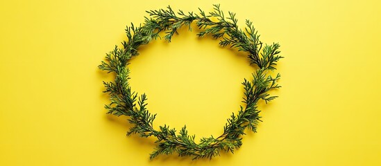 Canvas Print - Circular frame created from four gorse hedging branches arranged in a flat lay on a vibrant yellow background Excellent copy space