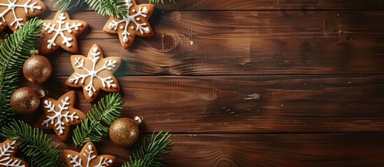 Aufkleber - Christmas gingerbread cookies and a fir tree branch on a wooden background Top view with space for your messages. with copy space image. Place for adding text or design