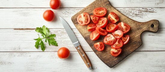 Aufkleber - Chopped tomatoes alongside a knife on a cutting board A blend of tomatoes in the background Fresh juicy organic red tomatoes on a white wooden table Clean eating idea Copy space top view