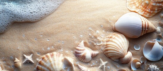 Poster - Seashells and fish border summer beach sand. with copy space image. Place for adding text or design