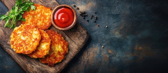 Leinwandbilder - Hash brown draniki potato pancakes vegetable fritters second course healthy fresh vegetarian food meal diet snack on the table copyspace food background rustic top view