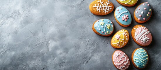 Aufkleber - Easter gingerbread cookies set against a gray background Concept of Easter eggs and the Easter bunny Image features copy space in a horizontal layout
