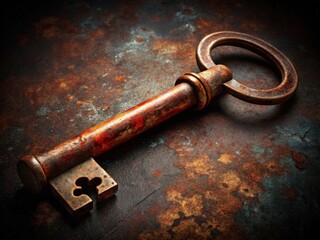 A rusty modern key resting on a dark, textured surface in an eerie atmosphere. Generative AI