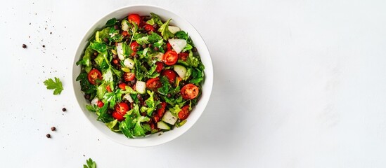 Poster - Bowl of salad with parsley pepper and spices seen from above against a white background. with copy space image. Place for adding text or design