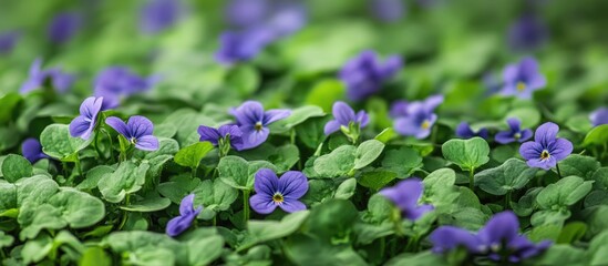 Poster - Close up of a Wild Violet plant flourishing and flowering in a lawn. with copy space image. Place for adding text or design