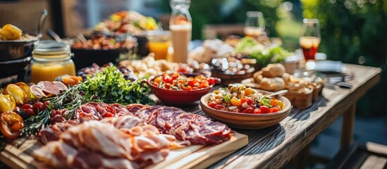 Aufkleber - Close up view of various foods on a wooden table Multicolored meats prepared for a gathering Appealing vibrant buffet Summer refreshments celebration and family holidays dining on the terrace Light