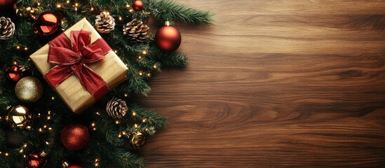 Aufkleber - Christmas tree accompanied by a gift box and decorations on a wooden surface with space for lettering. with copy space image. Place for adding text or design