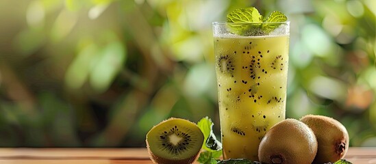 Poster - Fresh kiwi juice with mint on a wooden surface. with copy space image. Place for adding text or design