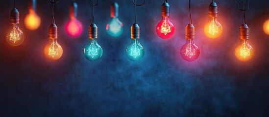 Leinwandbilder - textured dark backdrop featuring colorful lights and bulbs. with copy space image. Place for adding text or design