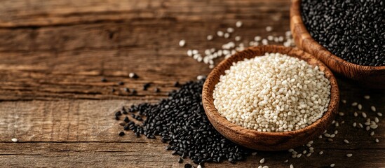 Poster - Black sesame and white sesame seeds on a wooden table. with copy space image. Place for adding text or design
