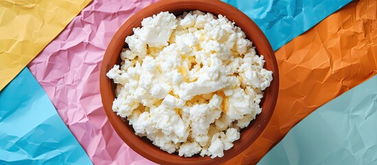 Poster - Cottage cheese with honey in a clay bowl on a colorful paper background top view. with copy space image. Place for adding text or design