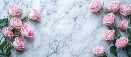 Leinwandbilder - Pink roses on a marble backdrop with an atmospheric garland an ideal gift concept for your favorite holiday background anniversary wedding or Valentine s Day Flat lay Top view copy space