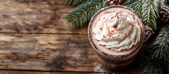 Fototapete - Christmas hot chocolate topped with whipped cream is a sweet dessert drink perfect for holiday enjoyment during the New Year and Christmas celebrations It s a delightful meal snack placed on the tab