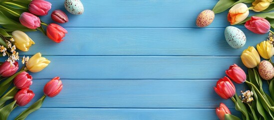 Leinwandbilder - Easter eggs and tulips arranged in a frame on blue wood. with copy space image. Place for adding text or design