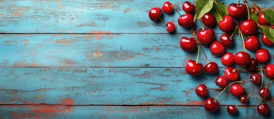 Fototapete - sour cherry fruits on a weathered blue wooden table background. with copy space image. Place for adding text or design