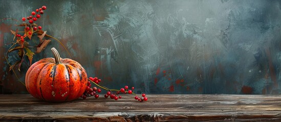 Poster - Autumn table arrangement featuring a vibrant pumpkin on a rustic backdrop with copy space