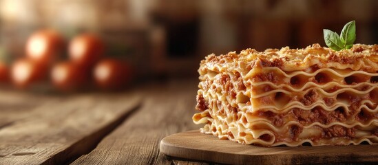 Fototapete - Close up of lasagne pasta on a wooden table for an Italian food image. with copy space image. Place for adding text or design