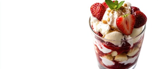 Fototapete - Strawberry Shortcake Parfait featuring vanilla bean ice cream fresh sliced strawberries and layered pound cake with selective focus isolated on white. with copy space image