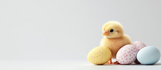 Leinwandbilder - Easter eggs alongside a baby chick on a white background Spring Time. with copy space image. Place for adding text or design