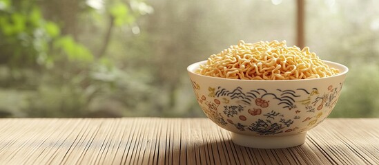 Aufkleber - Instant Noodles in a Bowl on a Table. with copy space image. Place for adding text or design