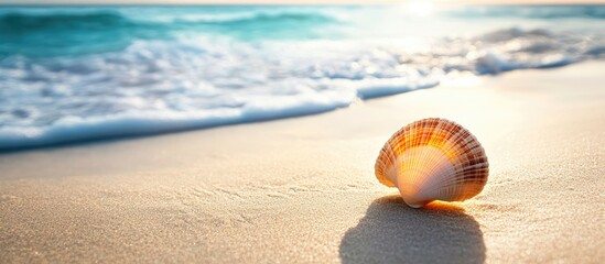 Poster - Seashell on the sandy beach Summer vacation. with copy space image. Place for adding text or design