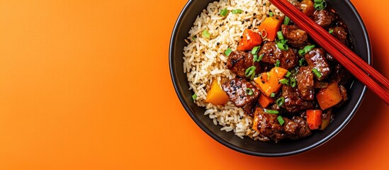 Poster - Chinese style beef in black bean sauce with fried rice set against an orange background. with copy space image. Place for adding text or design