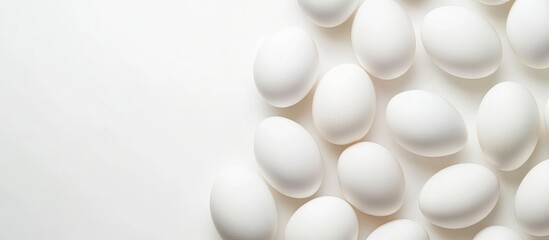 Poster - Fresh white cage free eggs on a white background with copy space