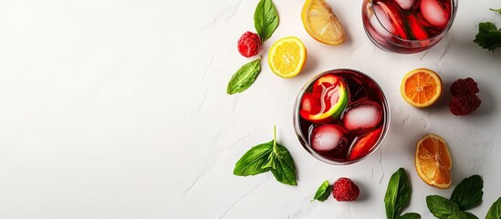 Leinwandbilder - Tasty Red Sangria and ingredients on a white table with space for text. with copy space image. Place for adding text or design