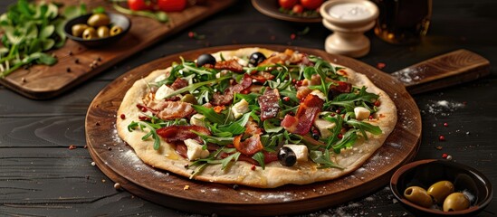 Poster - Flatbread Traditional classic Italian homemade thin crispy flatbread made from scratch topped with bacon arugula olives chicken and mozzarella drizzled with extra virgin olive oil and seasoned with